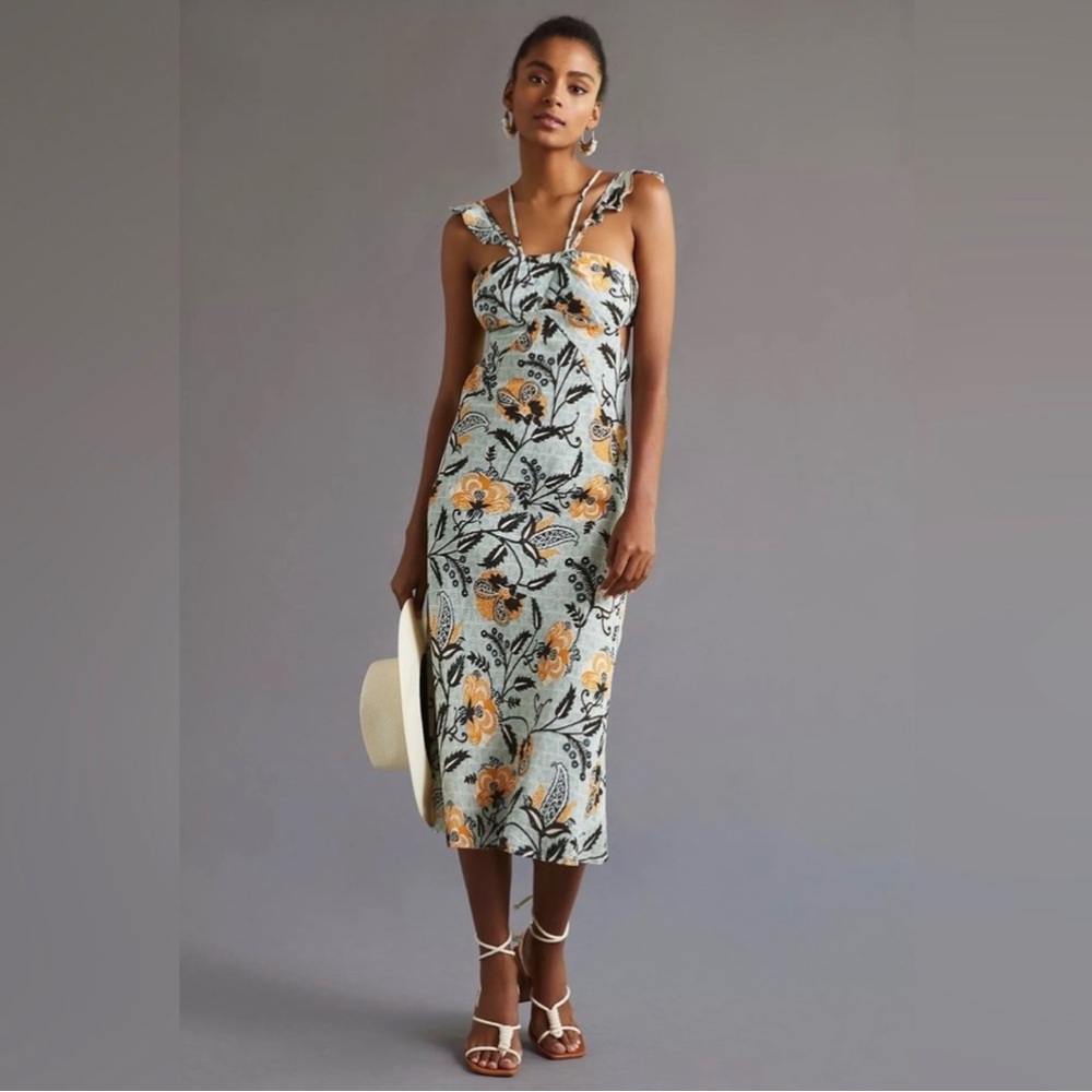 Anthropologie Floral Halter Slim Midi Dress